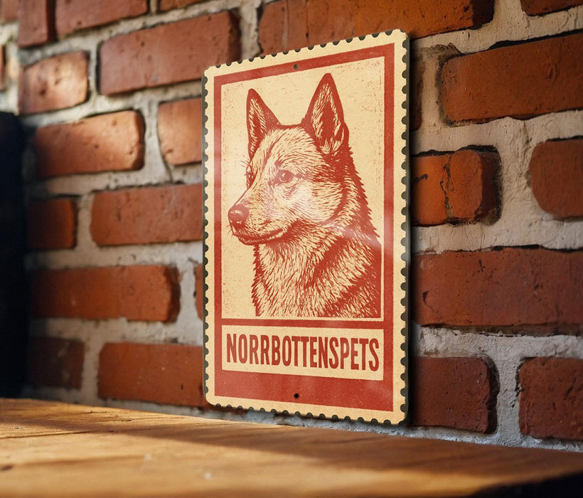 a sign with a dog illustration on it, mounted on a brick wall.