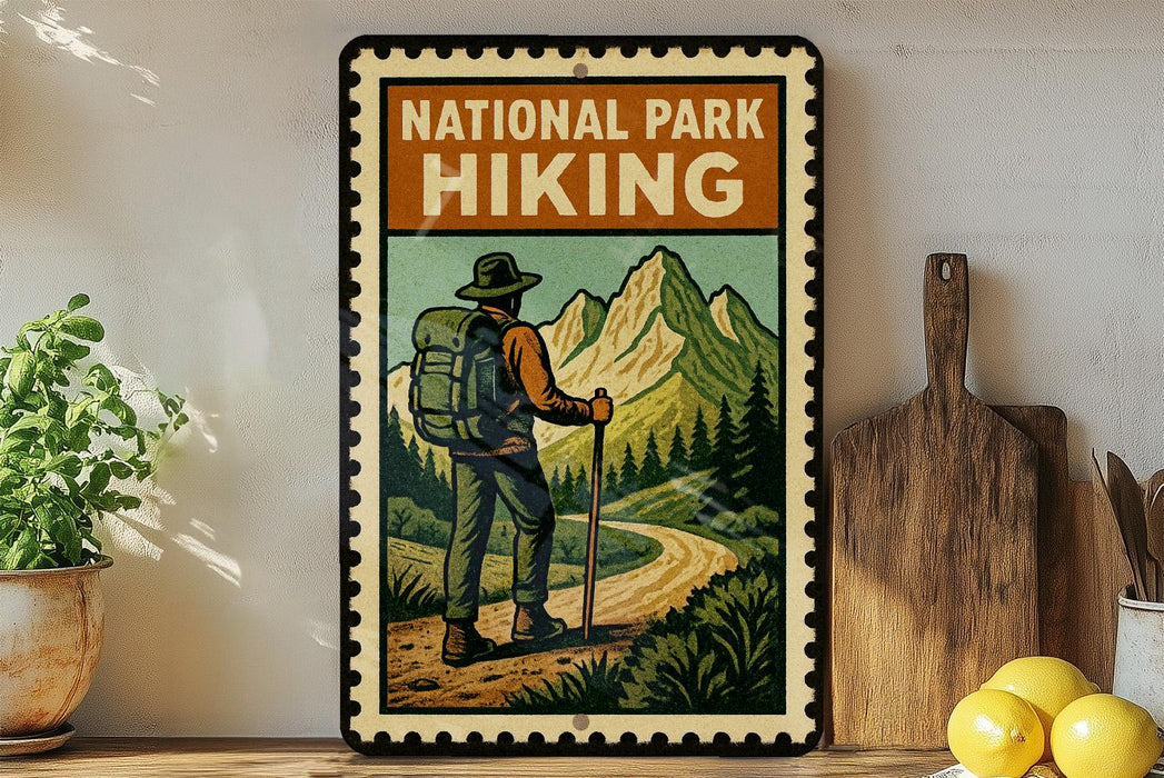 A vintage-style metal sign with a hiker illustration, mounted on a wall next to a wooden cutting board and some kitchen utensils.