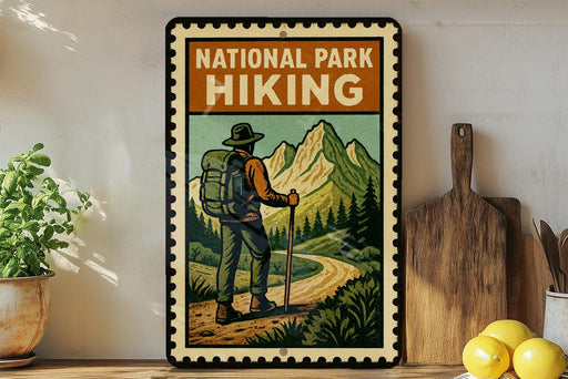 A vintage-style metal sign with a hiker illustration, mounted on a wall next to a wooden cutting board and some kitchen utensils.