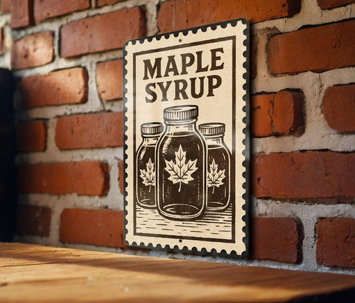 A sign with the text "MADE WITH MUSHIPHONES" and an illustration of three mason jars with a maple leaf, mounted on a brick wall.