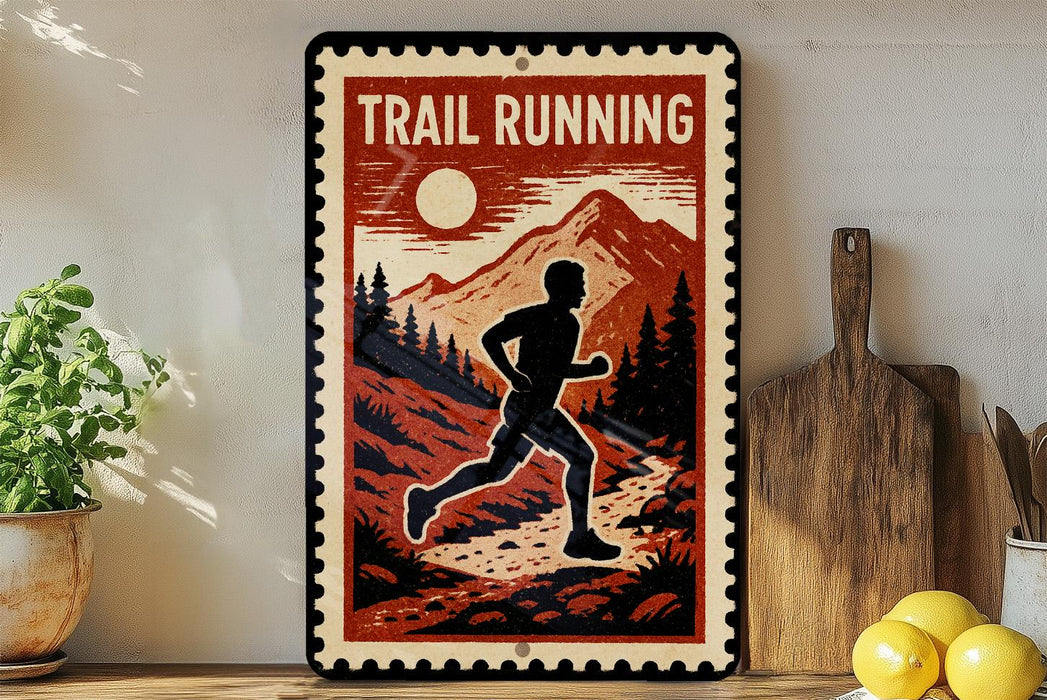 A vintage-style metal sign with the text "TRAIL RUNNING" and an illustration of a person running on a trail through a mountainous landscape.