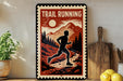 A vintage-style metal sign with the text "TRAIL RUNNING" and an illustration of a person running on a trail through a mountainous landscape.