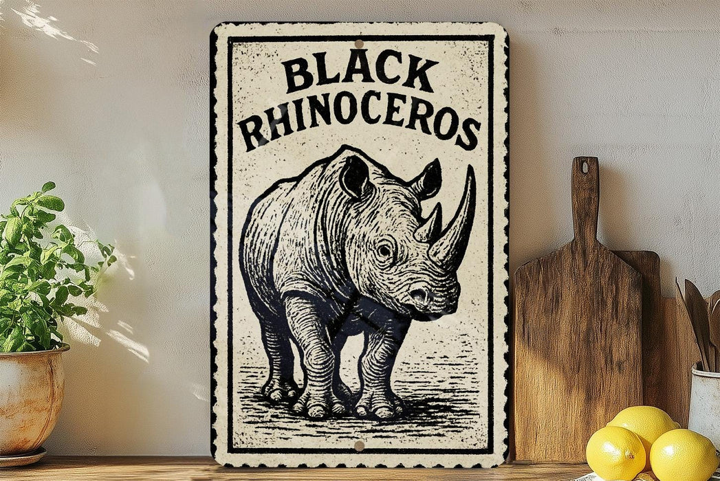 a sign with a rhinoceros illustration, placed on a wooden surface next to a wooden cutting board and some lemons.