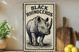 a sign with a rhinoceros illustration, placed on a wooden surface next to a wooden cutting board and some lemons.