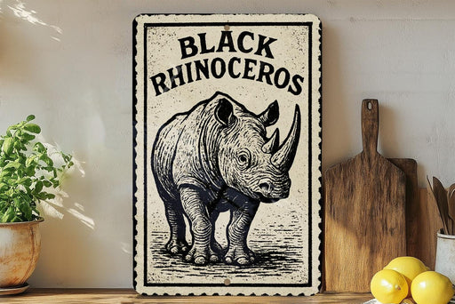 a sign with a rhinoceros illustration, placed on a wooden surface next to a wooden cutting board and some lemons.