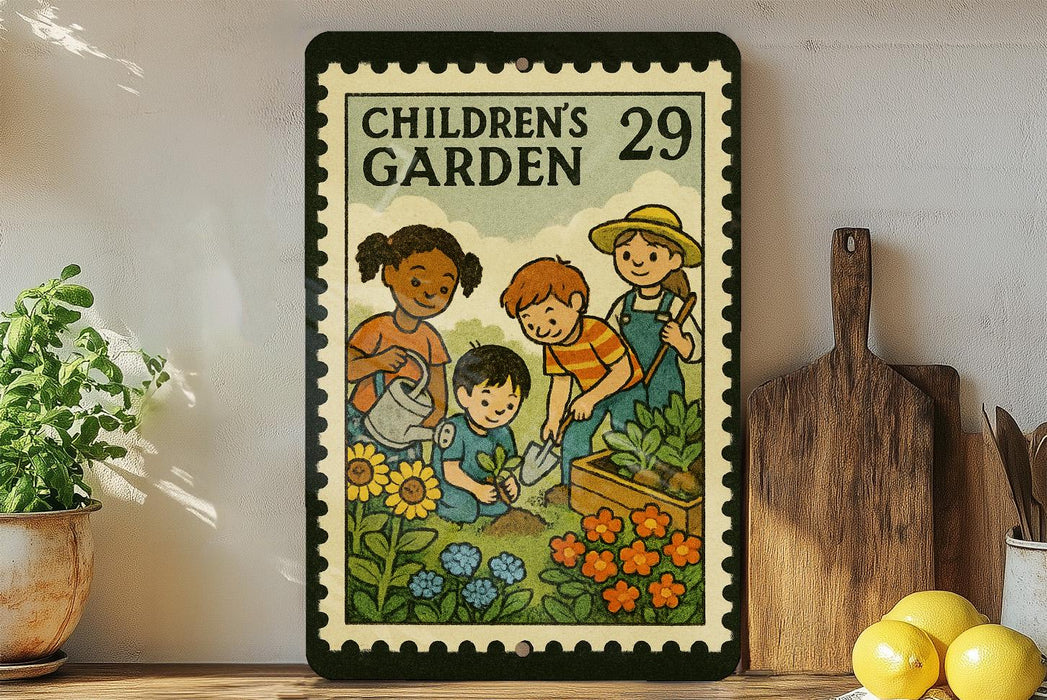 a children's garden scene with children engaged in gardening activities, such as planting flowers and tending to plants.