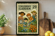a children's garden scene with children engaged in gardening activities, such as planting flowers and tending to plants.