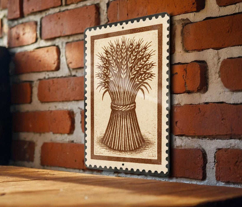a wooden table with a framed illustration of a wheat stalk on the wall behind it.