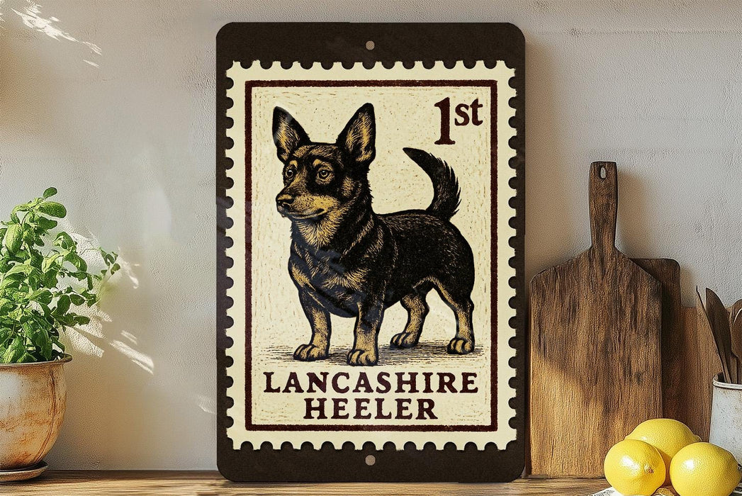 A framed image of a Lancashire Heeler dog, a breed of small, medium-sized, and energetic working dogs, is displayed on a shelf.