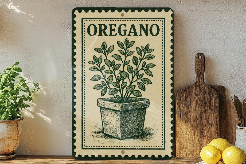 a decorative sign with a plant illustration, placed on a shelf next to a wooden cutting board and some potted plants.