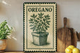 a decorative sign with a plant illustration, placed on a shelf next to a wooden cutting board and some potted plants.