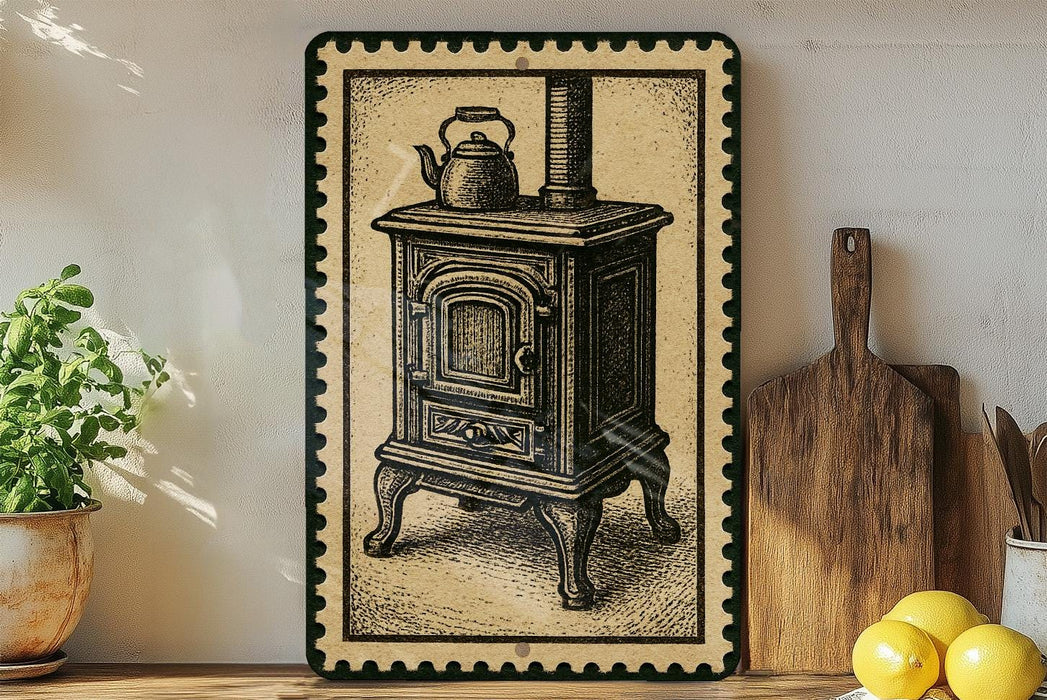 a vintage-style stove with a teapot and a wooden cutting board, along with some potted plants and a lemon.