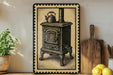 a vintage-style stove with a teapot and a wooden cutting board, along with some potted plants and a lemon.