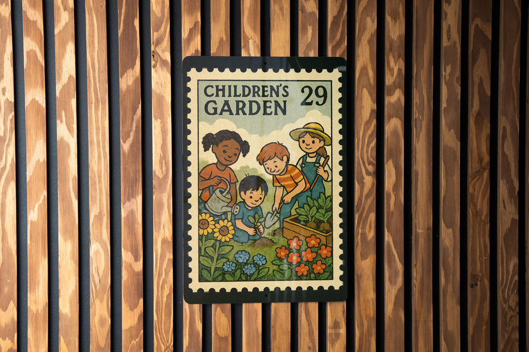A children's garden stamp with illustrations of children working in a garden, displayed on a wooden wall.