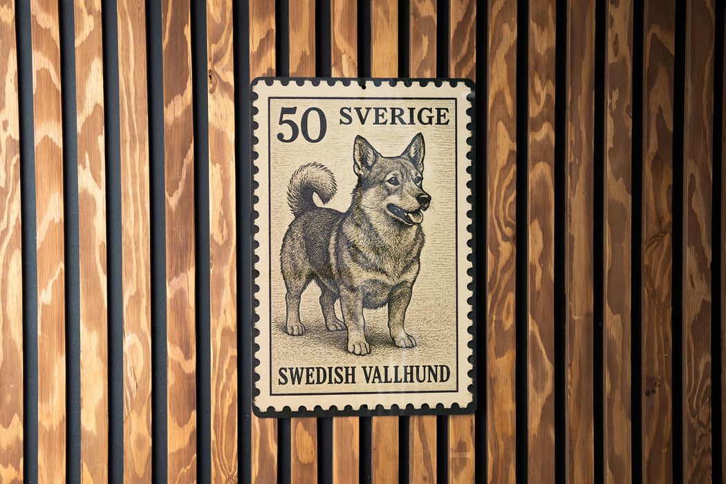 A 50 Swedish Vallhund dog stamp is displayed on a wooden wall.