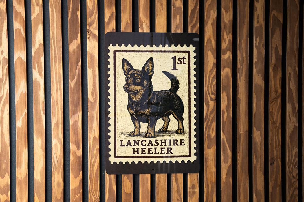 A black and white postage stamp featuring a dog, specifically a Lancashire Heeler, mounted on a wooden wall.