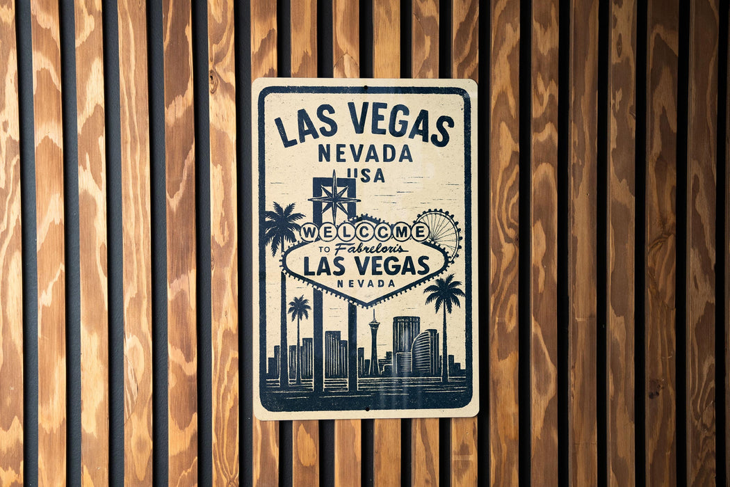 A vintage-style welcome sign for Las Vegas, Nevada, featuring the iconic Las Vegas skyline and text welcoming visitors to the city.