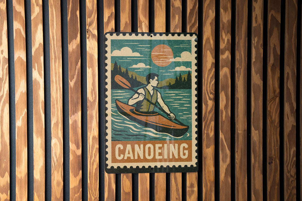 A vintage-style metal sign with a canoe and the word "Canoeing" written on it, mounted on a wooden wall.