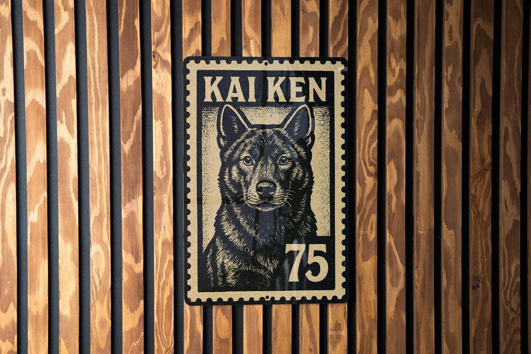 A metal sign with a black and white illustration of a dog, mounted on a wooden wall.