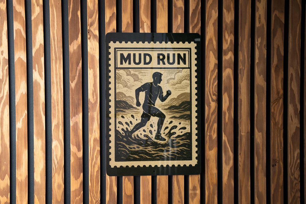 a sign with the word "Mud Run" written on it, which is mounted on a wooden wall.