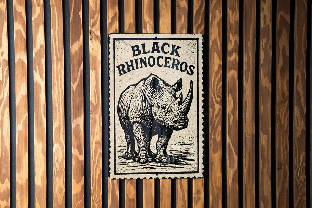 a rhinoceros, which is a large horned mammal, mounted on a wooden wall.