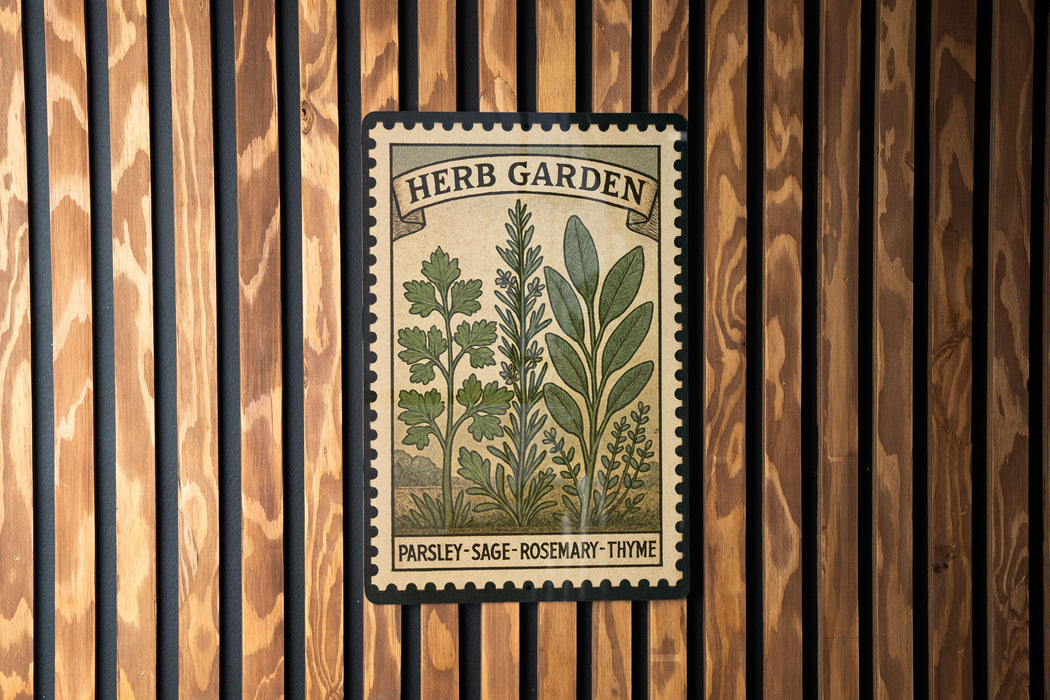 A vintage-style herb garden poster is displayed on a wooden wall, featuring illustrations of parsley, rosemary, and thyme.
