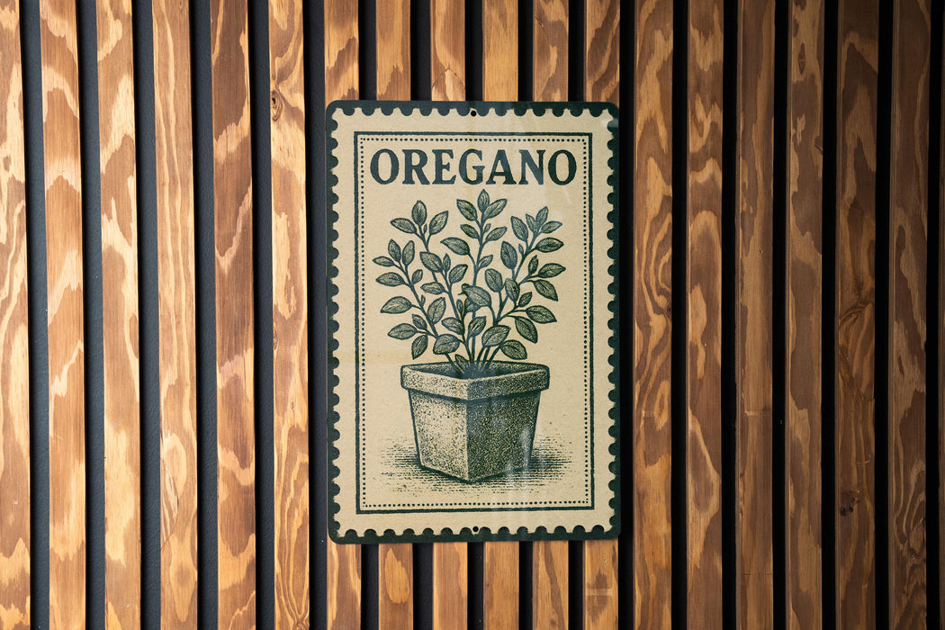 A vintage-style sign with the word "OREGANO" printed on it, featuring an illustration of a potted plant.