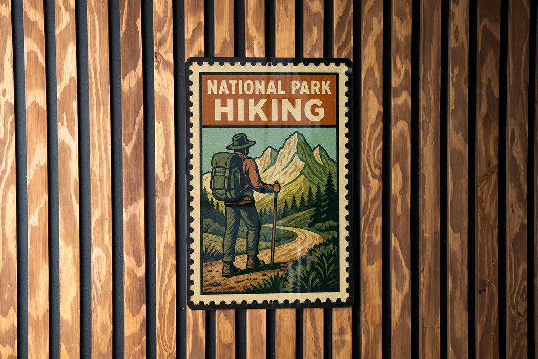 A vintage-style poster of a hiker with a backpack, set against a wooden background with vertical slats.