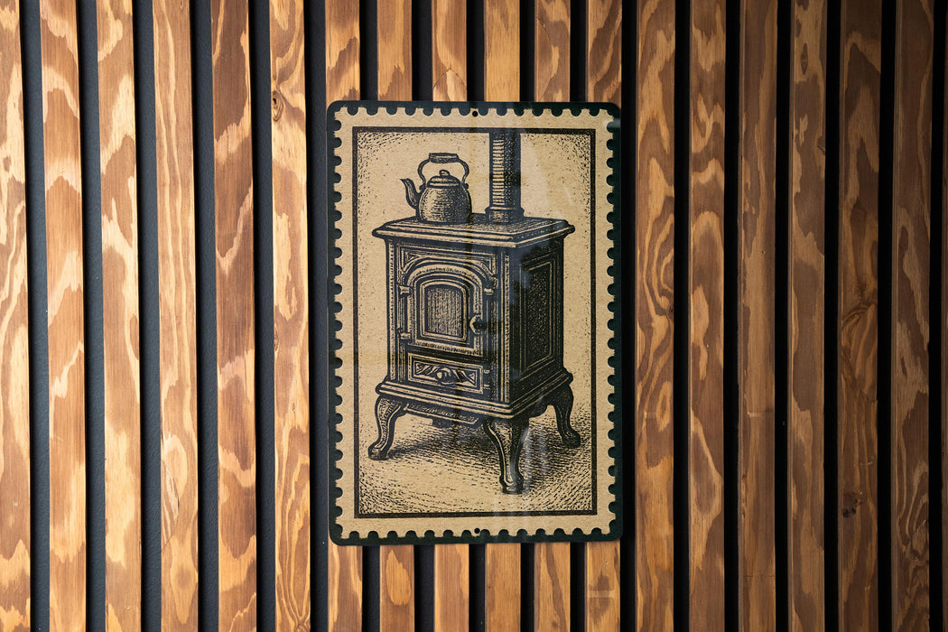 a vintage-style stove with a teapot on top, displayed on a wooden wall.