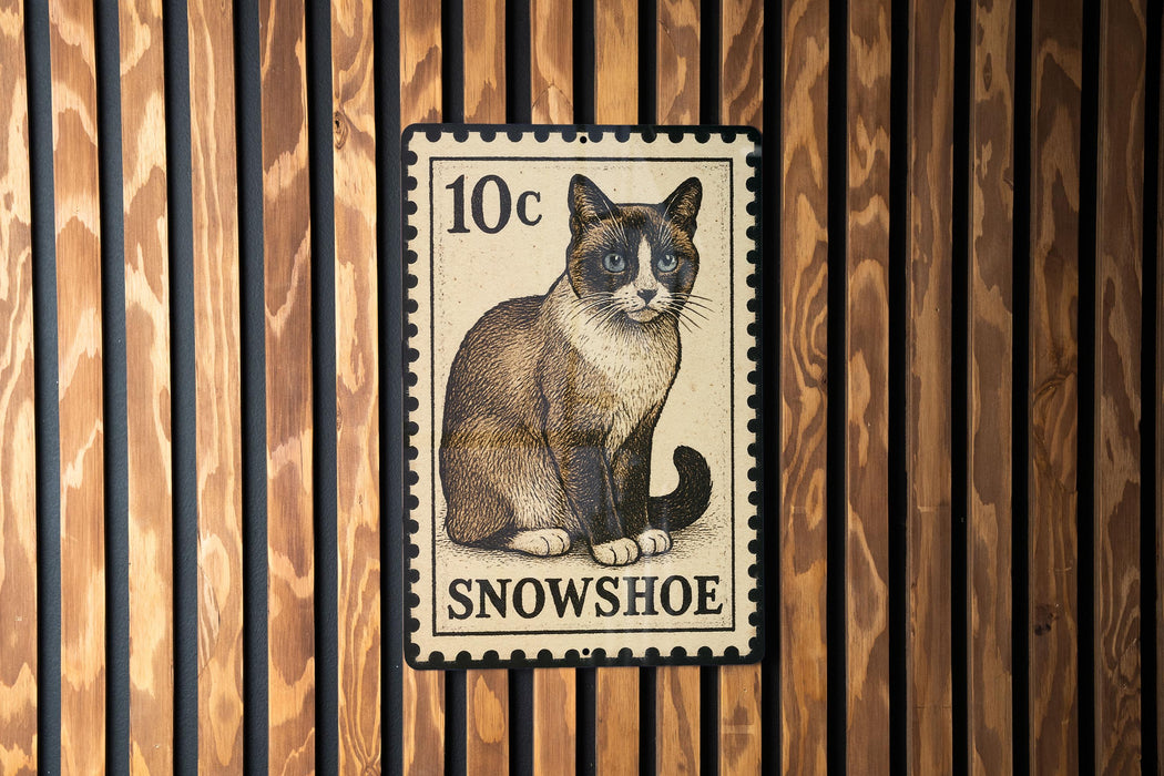A 10c postage stamp featuring a Siamese cat is displayed on a wooden wall.