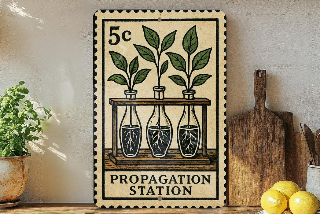 A vintage-style stamp depicting three potted plants with roots emerging from the soil, placed on a wooden surface next to a cutting board and a lemon.