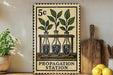 A vintage-style stamp depicting three potted plants with roots emerging from the soil, placed on a wooden surface next to a cutting board and a lemon.