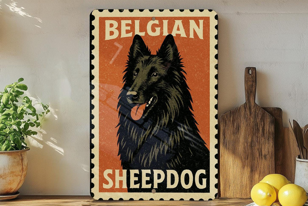 A vintage-style metal sign featuring a black sheepdog with a red background and the text "Belgian Sheepdog" is displayed on a shelf next to a potted plant and a wooden cutting board.