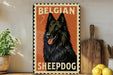 A vintage-style metal sign featuring a black sheepdog with a red background and the text "Belgian Sheepdog" is displayed on a shelf next to a potted plant and a wooden cutting board.