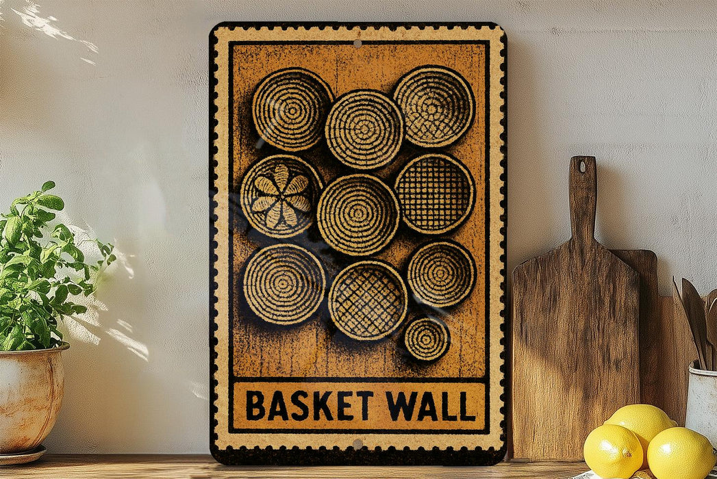 a wooden sign with a decorative design, placed on a shelf next to a wooden cutting board and some lemons.