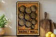 a wooden sign with a decorative design, placed on a shelf next to a wooden cutting board and some lemons.