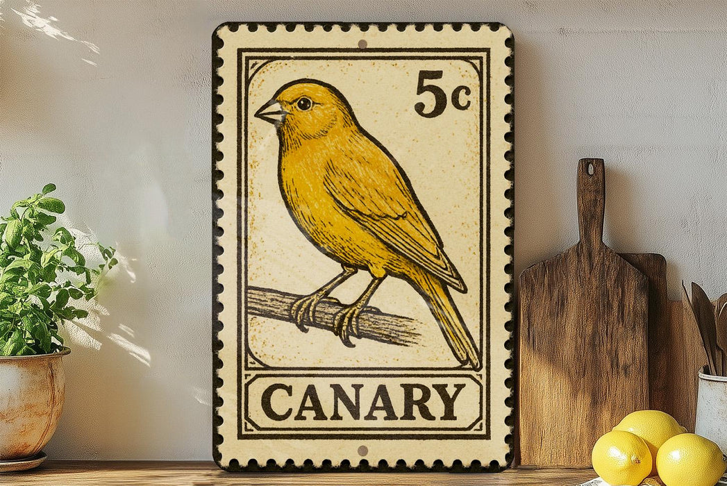 a canary, a yellow bird, perched on a branch. The canary is depicted in a postage stamp-like design, with the word "CANARY" written below it. The canary is also shown in a 5c stamp, indicating its value. The canary is surrounded by various kitchen items, such as a cutting board, a knife, and a bowl, suggesting a kitchen setting.