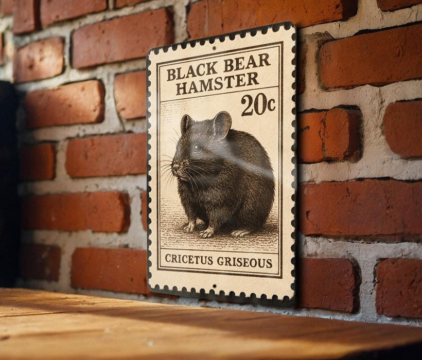 A black bear hamster postage stamp is displayed on a brick wall, with a wooden table below it.