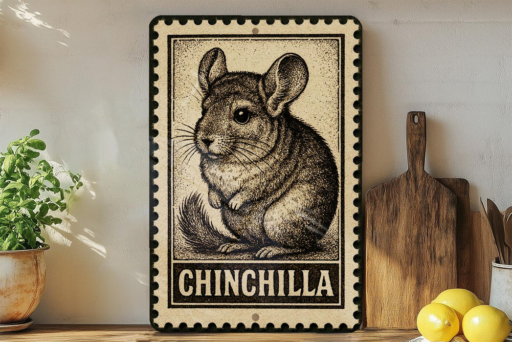 A framed illustration of a chinchilla is displayed on a shelf, accompanied by a wooden cutting board, a potted plant, and some lemons.