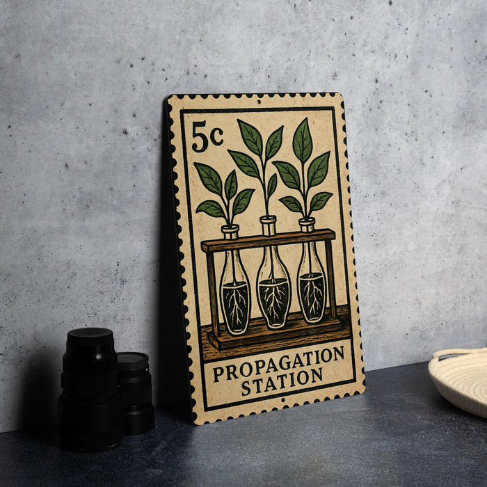 A 5c postage stamp featuring an illustration of three plant growth stages in glass vases, with the text "PROPAGATION STATION".