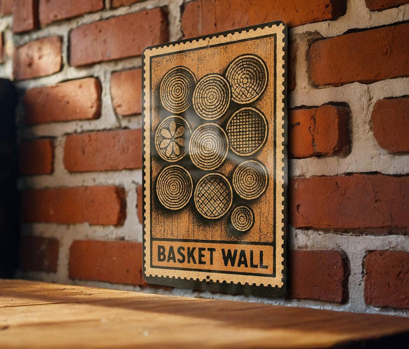 a wooden sign with a circular design on it, mounted on a brick wall.