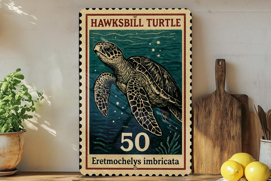 A framed stamp-like artwork depicting a hawksbill turtle, with the text "HAWKSBILL TURTLE" and "50 Erotmochely'simbricata" printed on it. The artwork is displayed on a shelf next to a wooden cutting board and some potted plants.