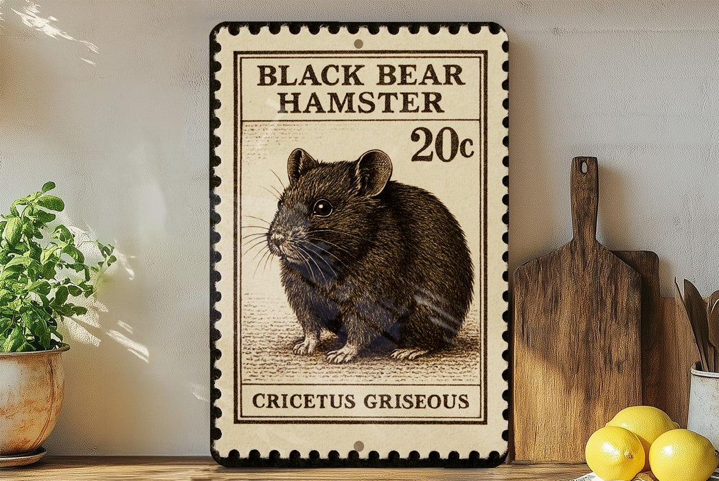 A black bear hamster postage stamp with a cricetus griseous illustration, placed on a wooden surface next to a wooden cutting board and a potted plant.