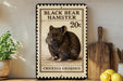 A black bear hamster postage stamp with a cricetus griseous illustration, placed on a wooden surface next to a wooden cutting board and a potted plant.