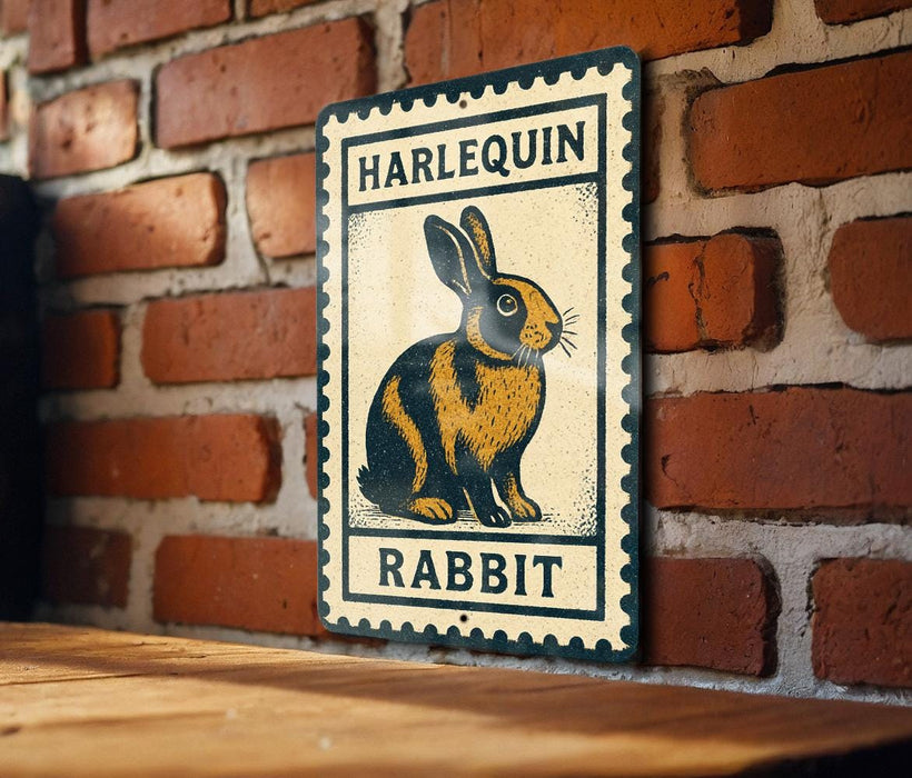 A metal sign with a cartoon rabbit on it is hanging on a brick wall.