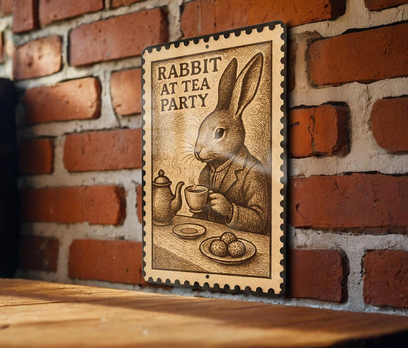 A wooden sign with a rabbit sitting at a table, holding a teapot and cup, against a brick wall background.