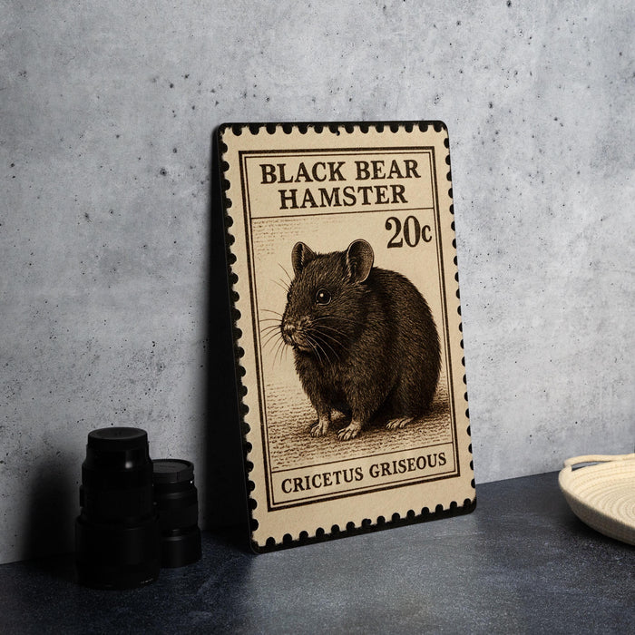 A black bear hamster postage stamp is displayed on a table, with a stack of black camera lenses and a woven basket nearby.
