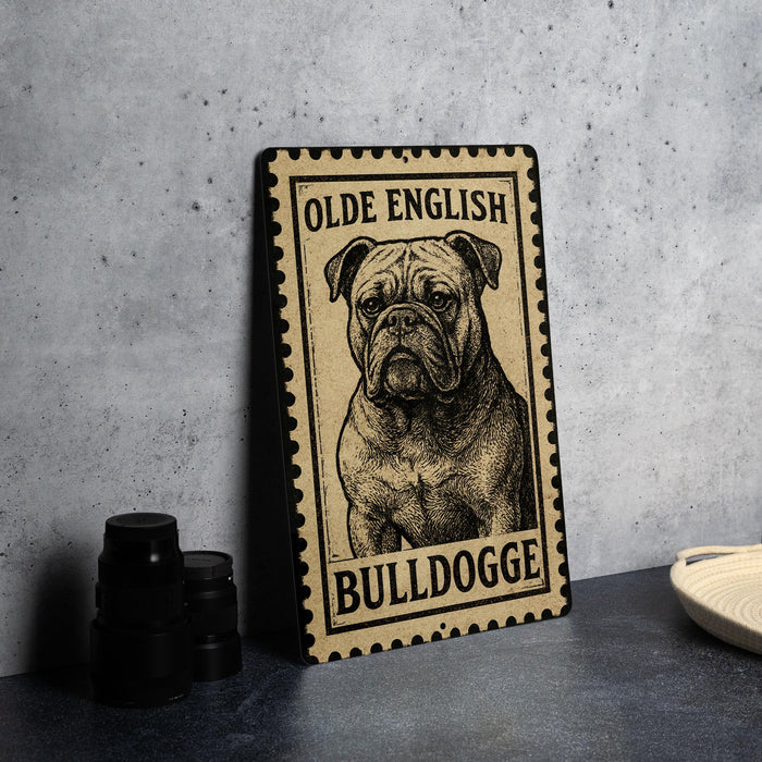 A metal sign featuring a bulldog illustration, with the text "Olde English Bulldogge" printed on it.