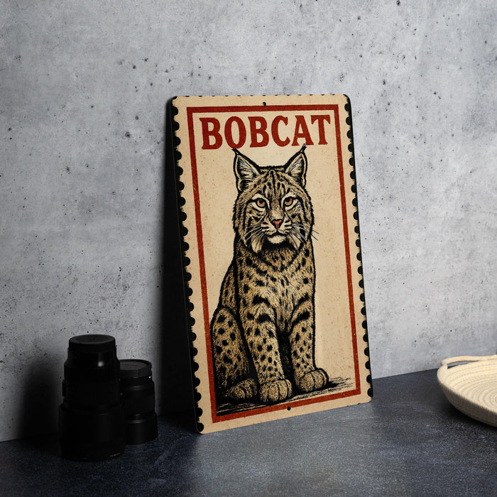 A framed illustration of a bobcat, a type of wild cat, is displayed on a wall.