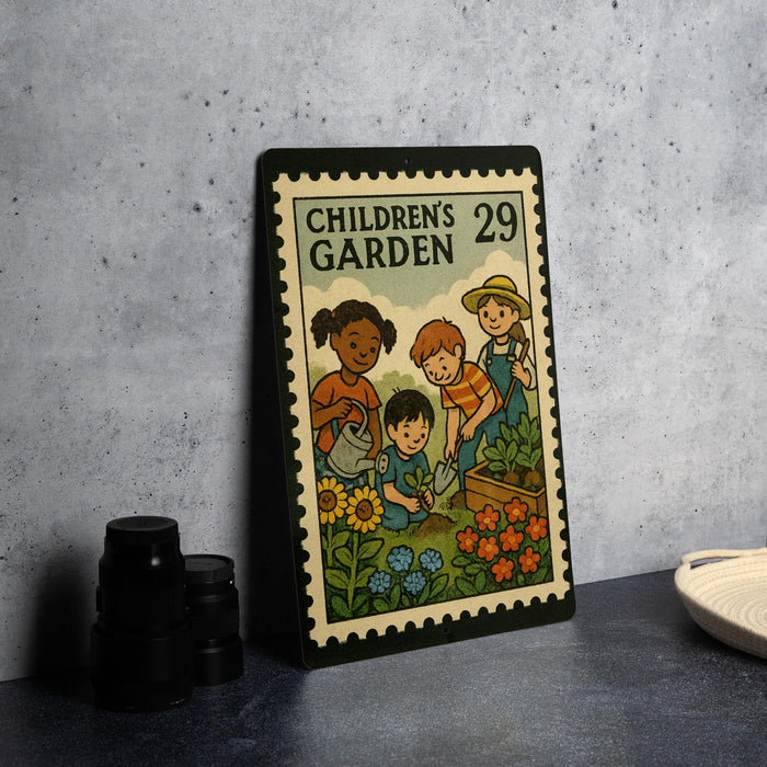 a children's garden-themed metal stamp with illustrations of children engaged in gardening activities.